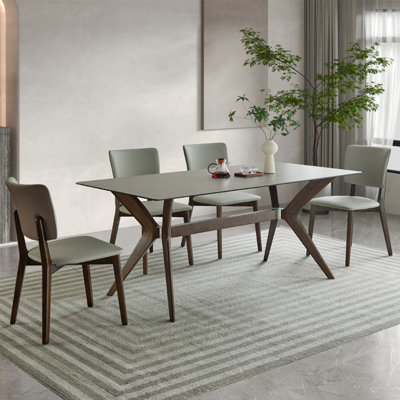 Minimalist Gray Rectangular Rock-Plate Table Chair 4 - Person Trestle Dining Set