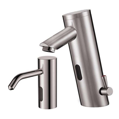 Platinum Brushed Nickel Commercial Automatic Temperature Control Thermostatic Sensor Tap With Matching Soap Dispenser Hot and cold mixe