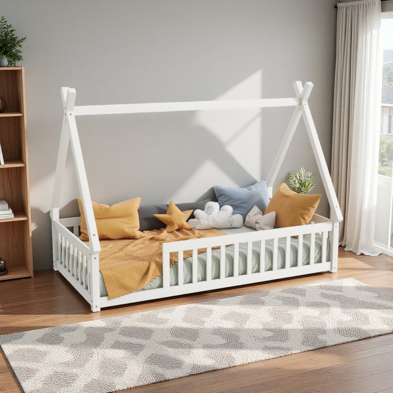 Tent-Shaped Floor Bed,Teepee Bed With Guardrails,Slats, Twin, White