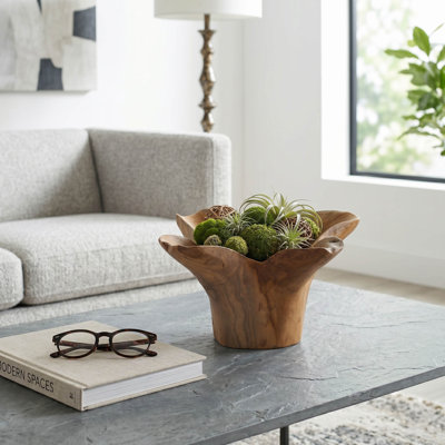 Bol décoratif décoratif en bois de teck pour le style de la table - Bol moderne à forme libre pour décoration intérieure et table centrale - 14 po, brun