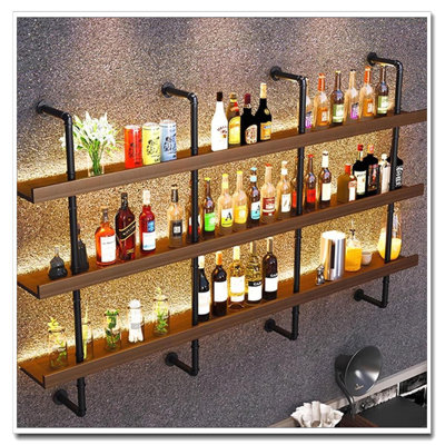 80CM/31.4IN Modern Industrial Wine Rack - Wall Mount Iron Shelf, LED Light + Wine Glass Holder (Home/Bar/Restaurant) by Prep & Savour