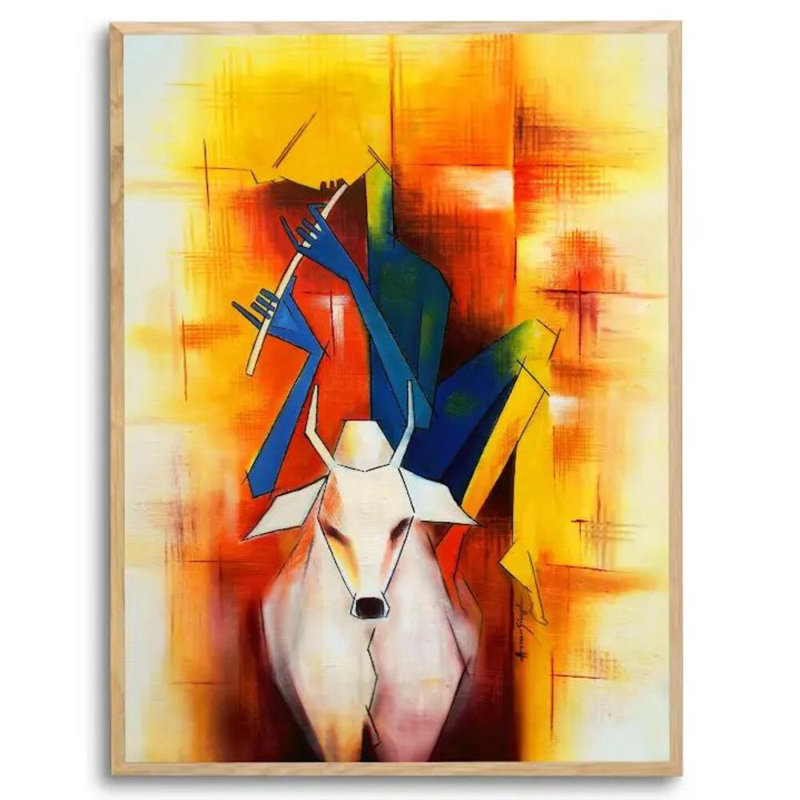 Krishna The Cowherd Print by Amar Singha, Natural Floater Framed Canvas, No Mat, 26" H x 20" W