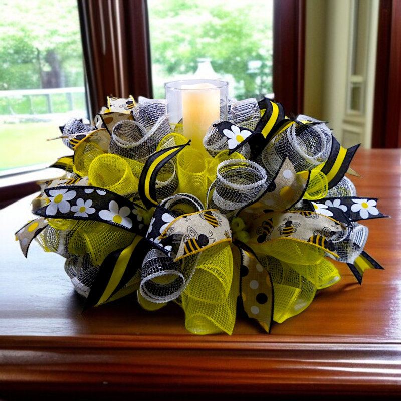 Spring Daisy & Bee Mesh Candle Ring Centerpiece for Tabletop or Entryway Décor