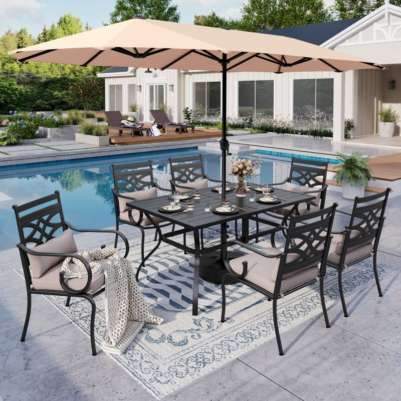 Ensemble de salle à manger rectangulaire pour 60 personnes avec coussins et parasol Alyah, Beige