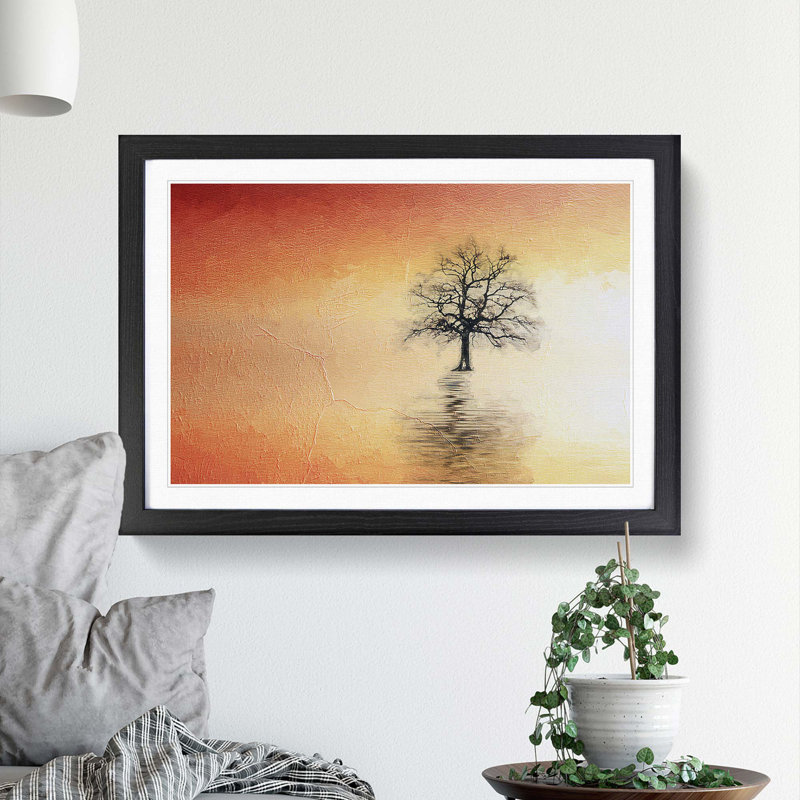 Tree Reflection at Sunset in Abstract - Picture Frame Painting Print, 36cm H x 48cm W x 2cm D, Black Framed