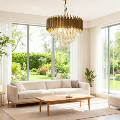 Lustre en cristal moderne avec cristaux K9 à 3 niveaux, noir et or, plafonnier pour le salon, la salle à manger, l'entrée et la chambre à coucher