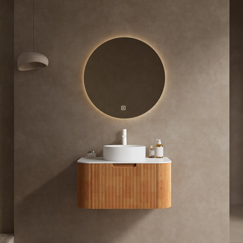 Meuble-lavabo mural avec lavabo en marbre artificiel, Bois naturel