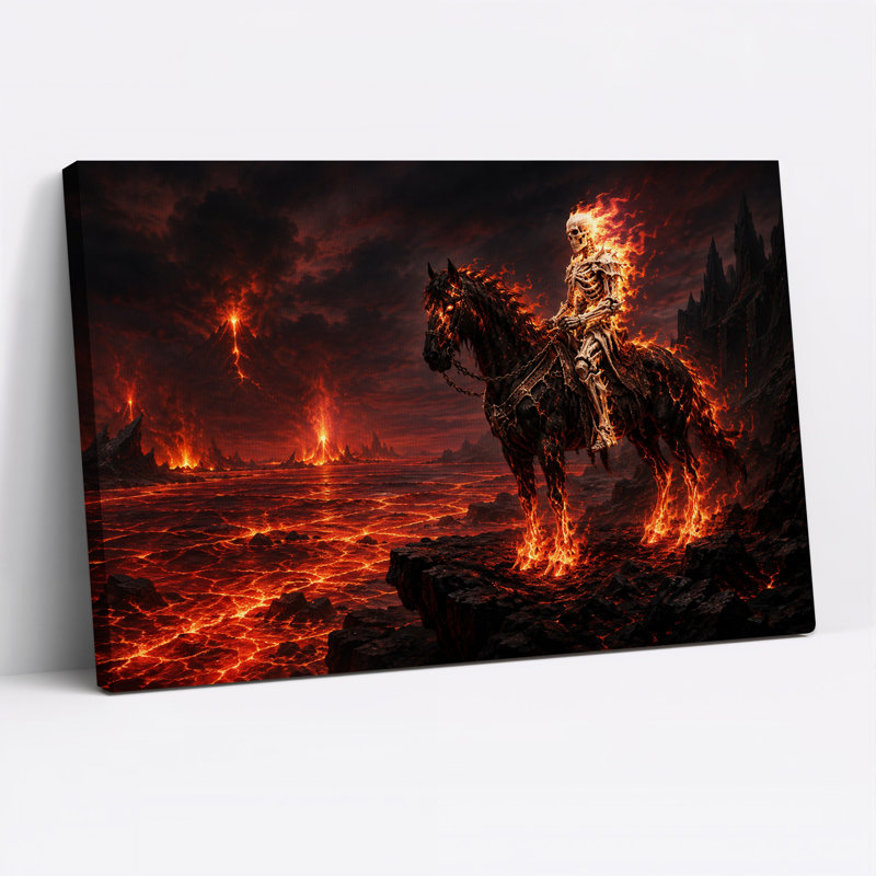 Cavalier squelette enflammé sur un cheval noir dans une toile murale volcanique pour l'Halloween, H 24 po x l 36 po