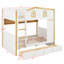 Lit superposé double sur double avec tiroirs et tablettes pour le rangement, cadre en bois avec rails de sécurité en forme de maison