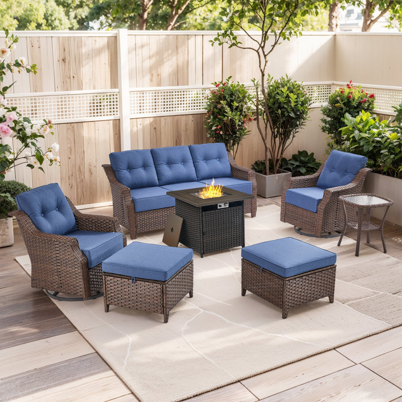 Circlarmino 7-Piece All-Weather Outdoor Wicker Square Fire Pit Conversation Set With Swivel Gliders, Ottomans And Side Table For Patio