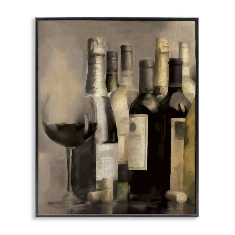  Verre à vin avec bouteilles, estampe numérique encadrée par Carol Robinson, H 14 po x l 11 po, Giclée encadrée noir minuit