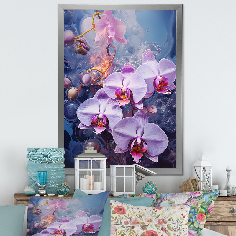 Collage d'orchidées mauves sur toile, H 32 po x l 24 po x P 1 po, Cadre photo argenté