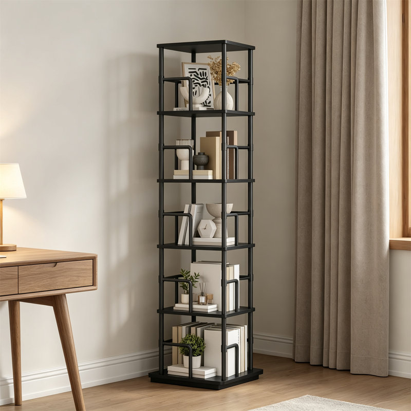 Corner Shelf, 5-Tier Rotating Bookshelf, Freestanding Corner Bookcase, 360° Rotating Book Cabinet, Industrial Style Storage Rack with Guardrails, for Living Room, Bedroom, Study