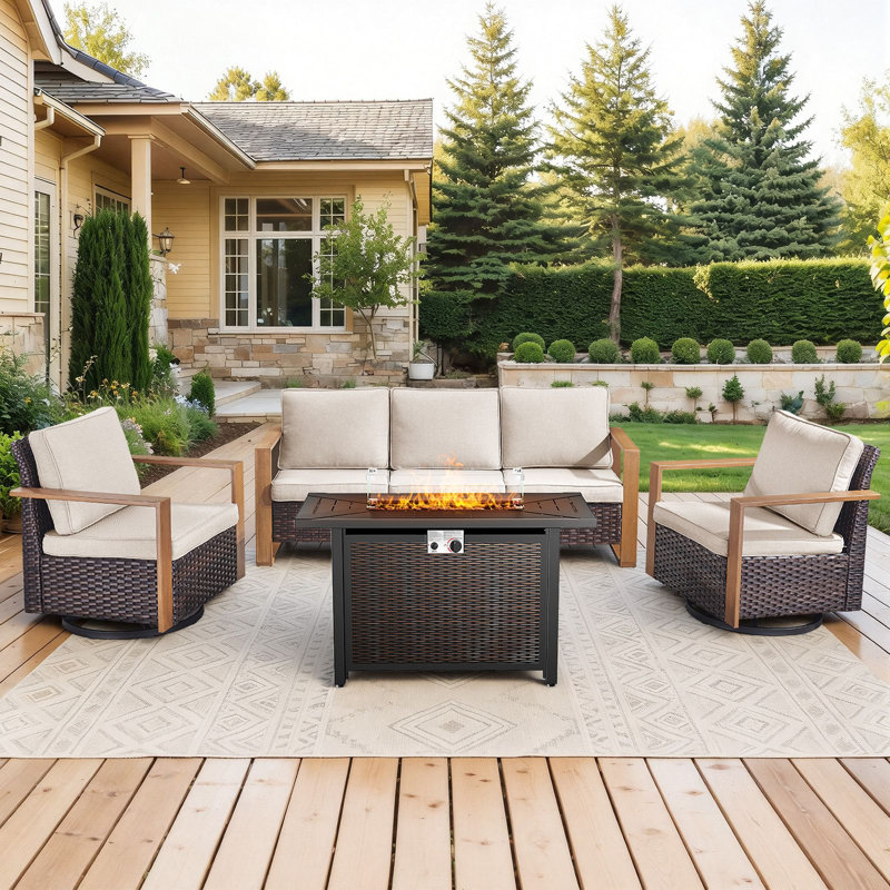 Drazen 5 - Person Patio Furniture Set With Fire Pit Table, All-Weather Wicker Outdoor Conversation Set With Chair And Thick Cushions