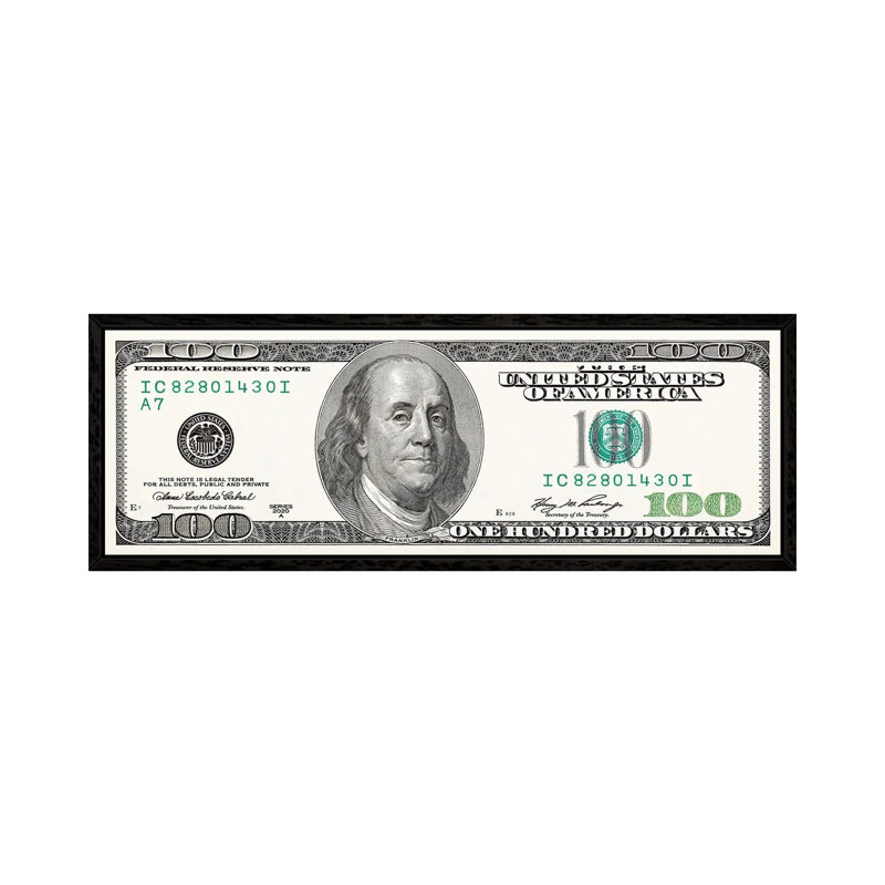 One Hundred Dollar Bill - Panoramic Print on Canvas, 40.64cm H x 121.92cm W x 3.81cm D, Black Framed