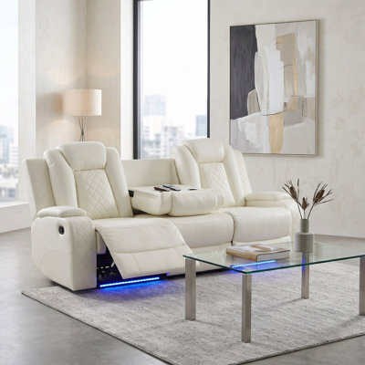 Canapé inclinable en cuir végétalien Ember blanc avec porte-gobelets, charge sans fil et lumières DEL