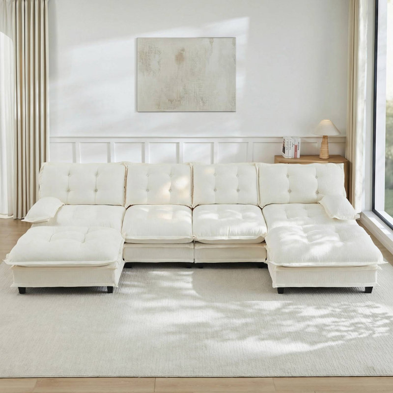 Canapé modulaire en U 138 po avec repose-pieds 2 pièces 138 po Chenille, Beige