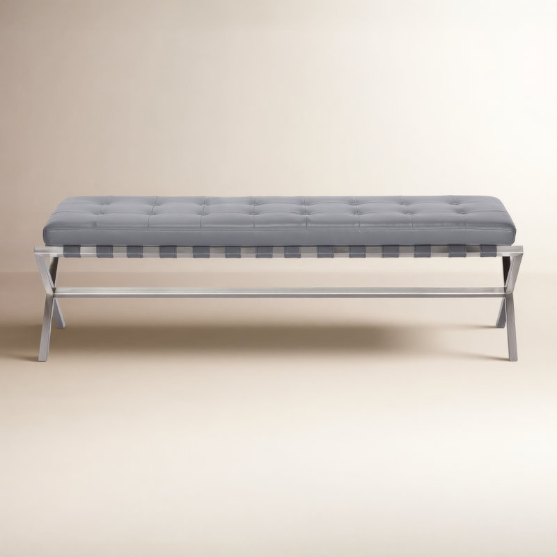 Canton 56" Vegan Leather Bench, White/Brushed Stainless Steel Base