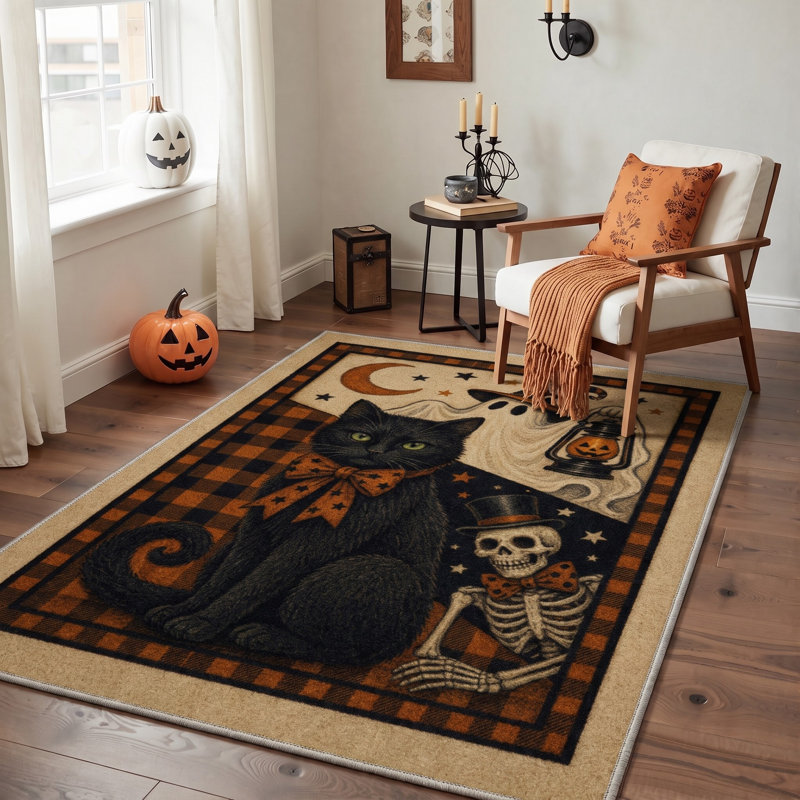 Tapis à carreaux d'Halloween, noir / blanc, lavable à la machine, à poils courts, antidérapant, Rectangulaire 8 pi x 10 pi
