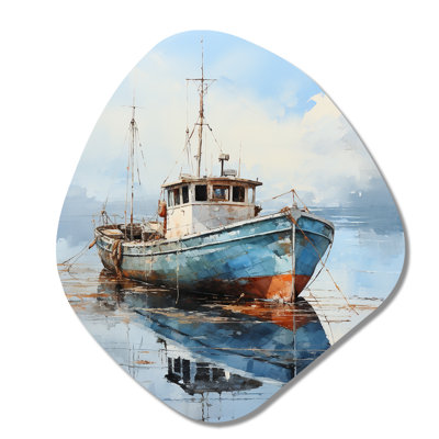 Bateau de pêche au port IV - art mural en métal asymétrique, impression de sculpture murale en métal de forme unique