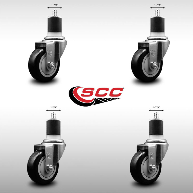3.5 Inch SS Maroon Poly Wheel Swivel 1-7/8 Inch Expanding Stem Caster Set SCC, Black