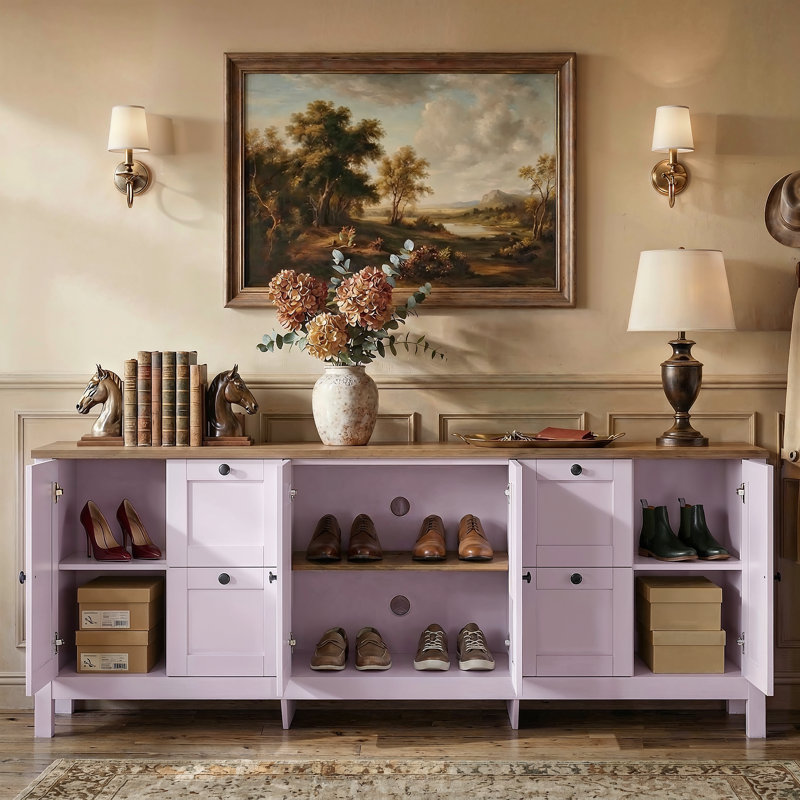 Armoire à chaussures horizontale 90,6 po avec 4 tiroirs et portes en verre