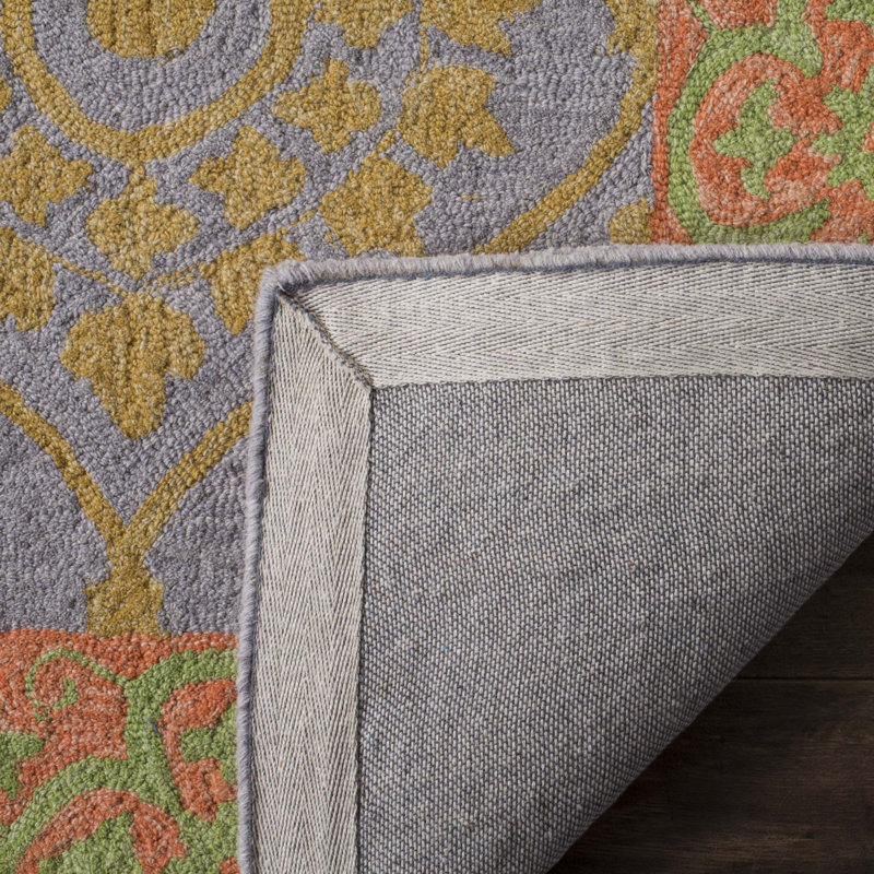 Guzi Hand Hooked Wool/Cotton Floral Rug in Orange/Silver, Runner 2'3" x 8'