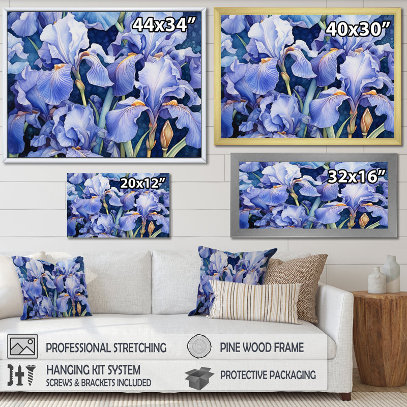 Impression sur toile mauve, vert et iris, H 34 po x l 44 po x P 1,5 po, Cadre naturel flottant