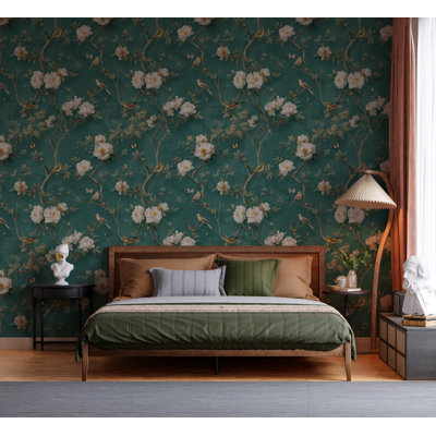 Teal Bird and White Blossom Botanical Wallpaper with Butterflies