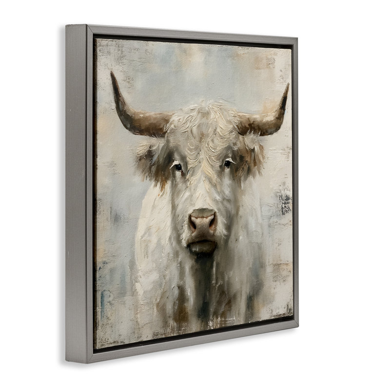 "Fluffy Longhorn" par Fluffy, H 18 po x l 18 po, Cadre flottant gris lustré