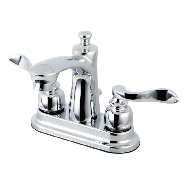 Kingston Brass NuWave French Two-Handle 3-Hole Deck Mount 4" Centerset Bathroom Faucet with Plastic Pop-Up, Polished Chrome