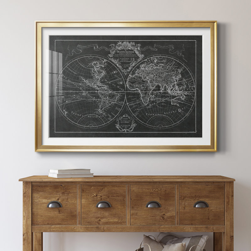 Monde Map - Reproduction d'art sur papier encadrée, Doré, H 26,5 po x l 36,5 po x P 1,5 po