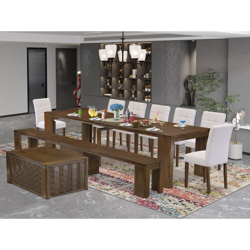 Antique Walnut Extendable Dining Set with Light Gray Faux Leather Chairs and Bench