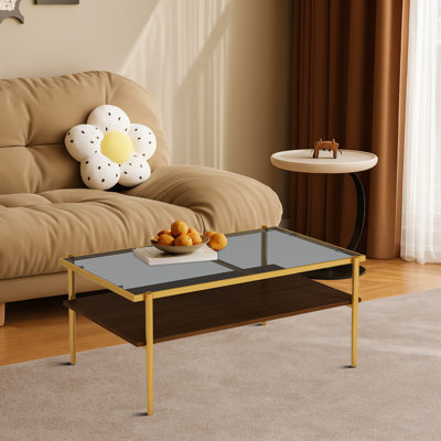 Modern stycle coffee table with glass top and a  wood shelf, metal frame