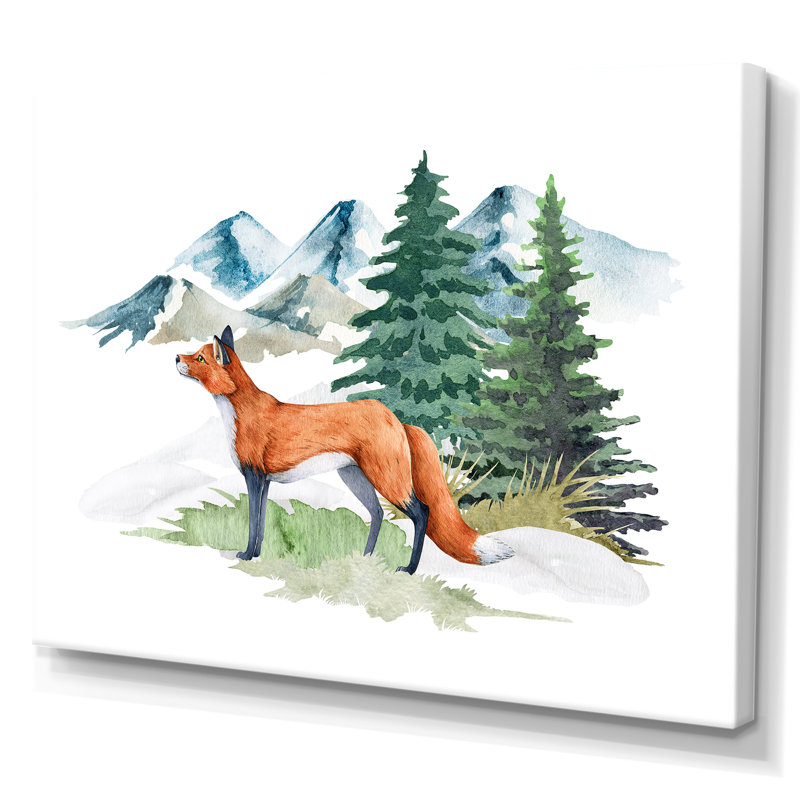 Red Fox in Winter Forest Landscape - peinture sur toile, H 16 po x l 32 po, Toile tendue