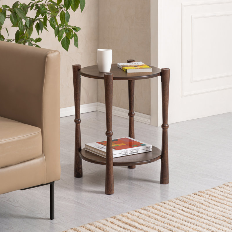 Olive Solid Wood End Table with 2-Tier Storage