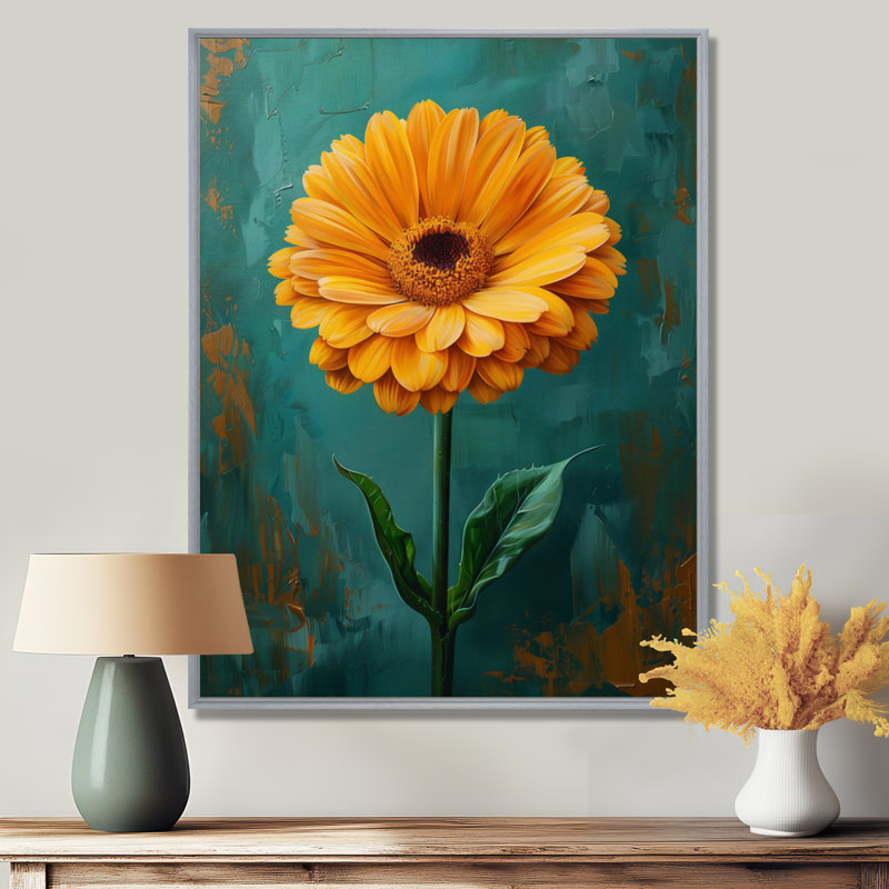 Jaune jaune noir avec fleurs de souci Marigold, Cadre argenté flottant, bois massif, H 12 po x l 20 po