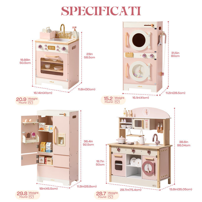 Kitchen Playset With Refrigerator, Dishwasher, Washer and Dryer playset. Wooden Play Kitchen & Accessories Set