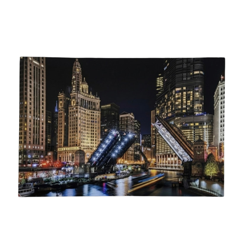 Art mural en verre trempé, paysage urbain en noir et blanc, pont de rivière Chicago, 60 po x 40 po