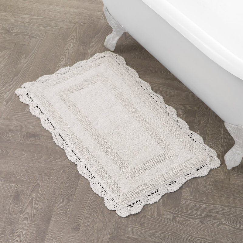 Laura Ashley Crochet Machine Washable Cotton Bath Rug, Ivory, 40" L x 24" W