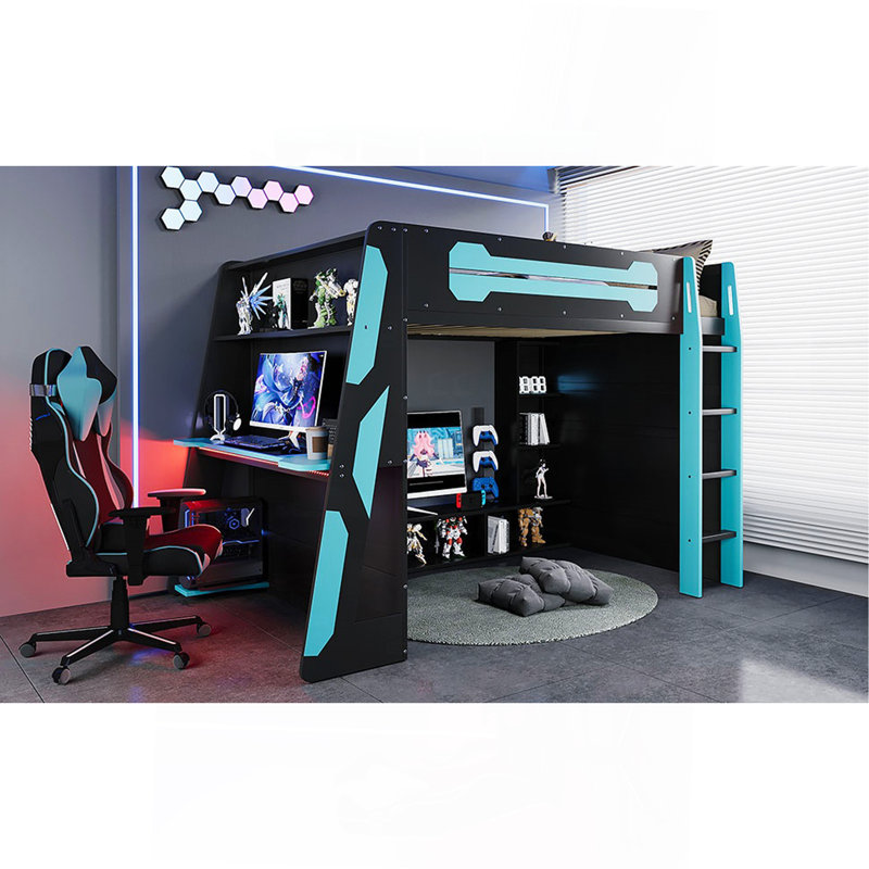 Lit mezzanine double en bois avec bureau, tablettes multiples et lumière RVB, bleu nuage