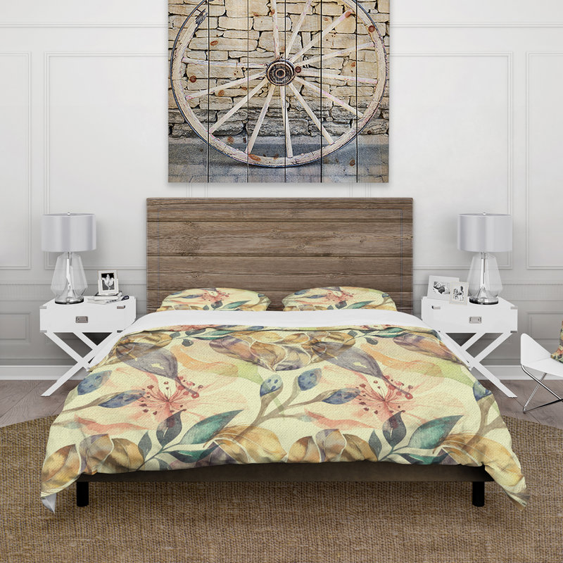 Boho rose et bleu fleurs - ensemble de housse de couette Cottage - microfibre de polyester, Jaune