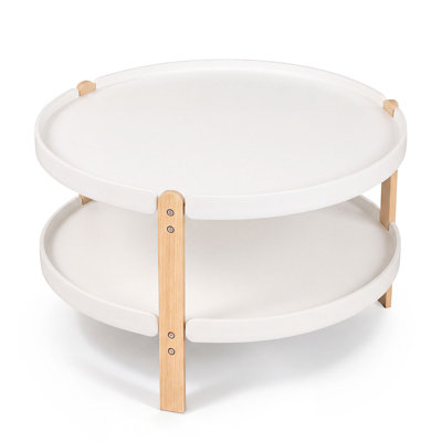 23.5" 2-Tier Round Coffee Table with Storage, Solid Wood Legs & Open Storage Shelf White