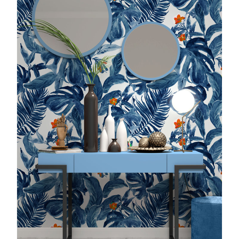 Papier peint floral bleu tropical, L 114 po x l 172 po