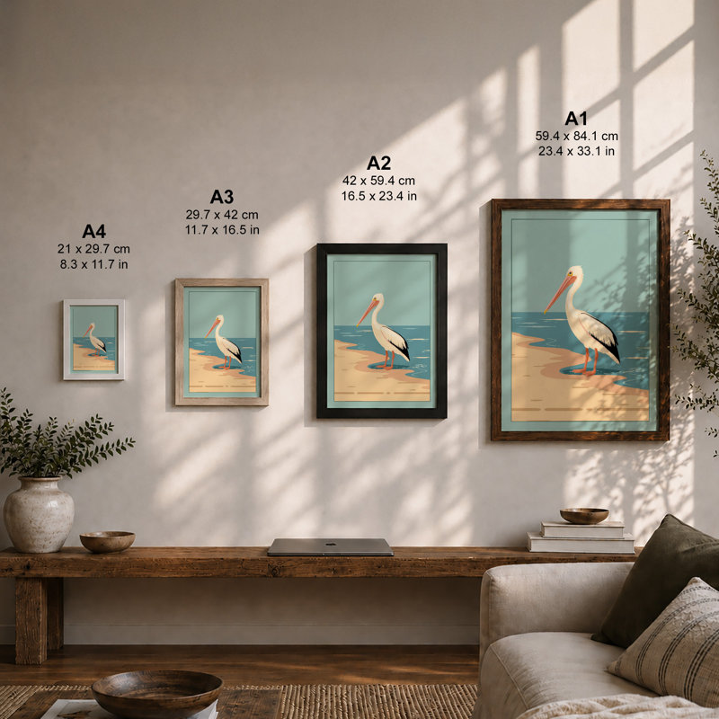 Pelican at Rest Coastal - Framed Print, A1 - 84.1 x 59.4 cm, Oak