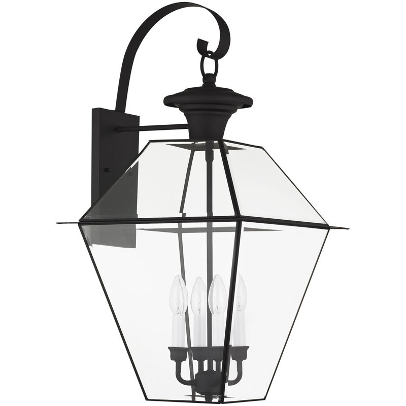 15in 4Lt Outdoor Wall Lantern Pendant Lighting w/ Clear Beveled Glass Shade, Black