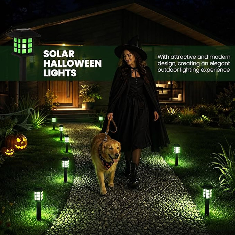 Paquet de 12 lumières de chemin solaire vertes d'Halloween, décorations de jardin extérieures imperméables à DEL