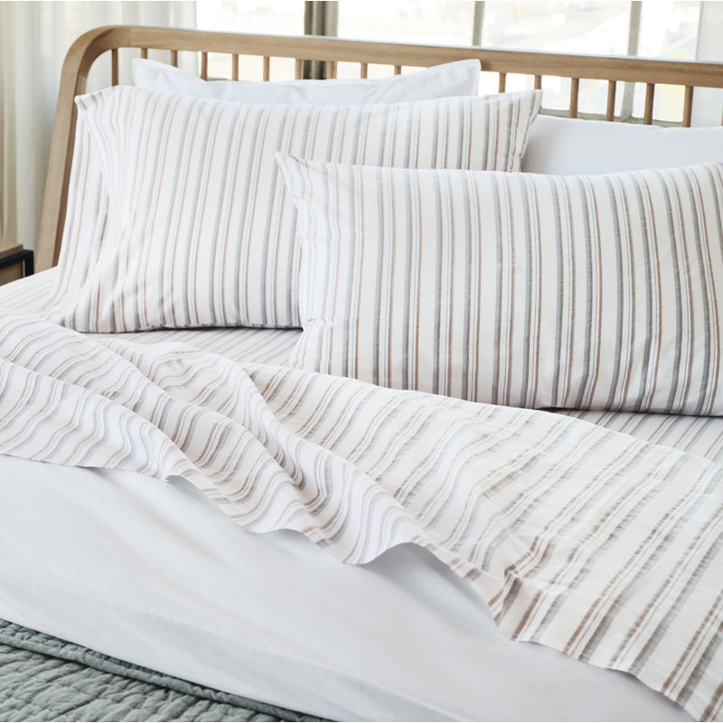 Organic Crinkled Percale Sheet Set, Queen Sheet Set with 2 Pillowcases, Surf Stripe
