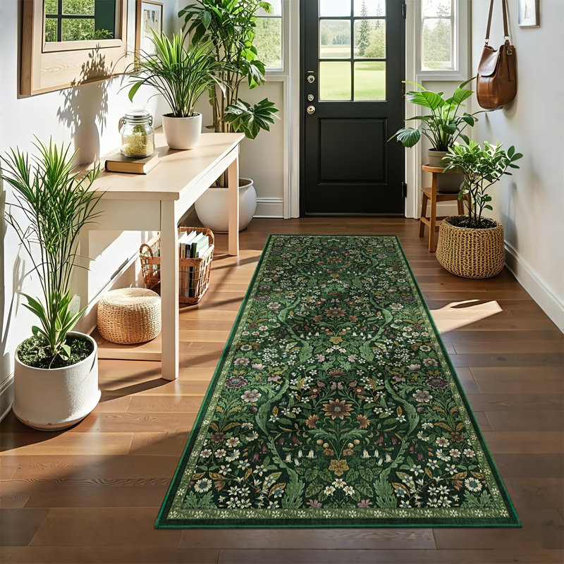 Washable Area Rug - Vintage Boho Botanical Low-Pile Rug, Dark Green, Runner 3' x 7'