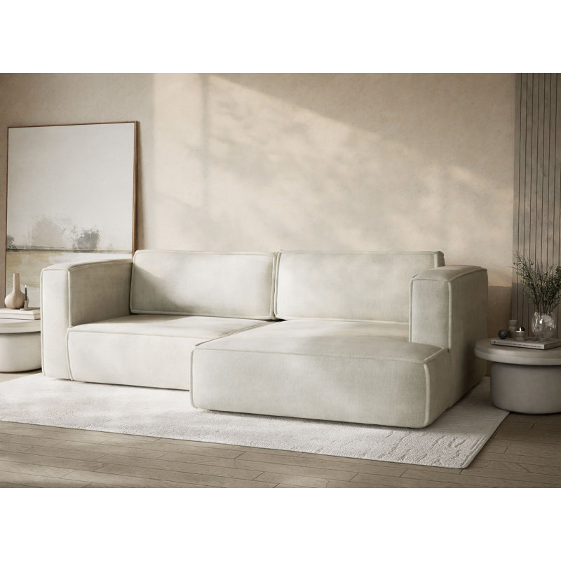 Four-Seater Corner Sofa With Bed Function, Right Hand Facing, Light Cream Polyester/Chenille